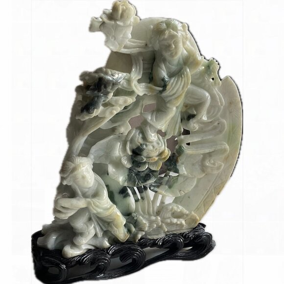 Jadeite Carving of "Two Immortals" Hehe Erxian on a carved wood base Antique - Picture 3 of 13